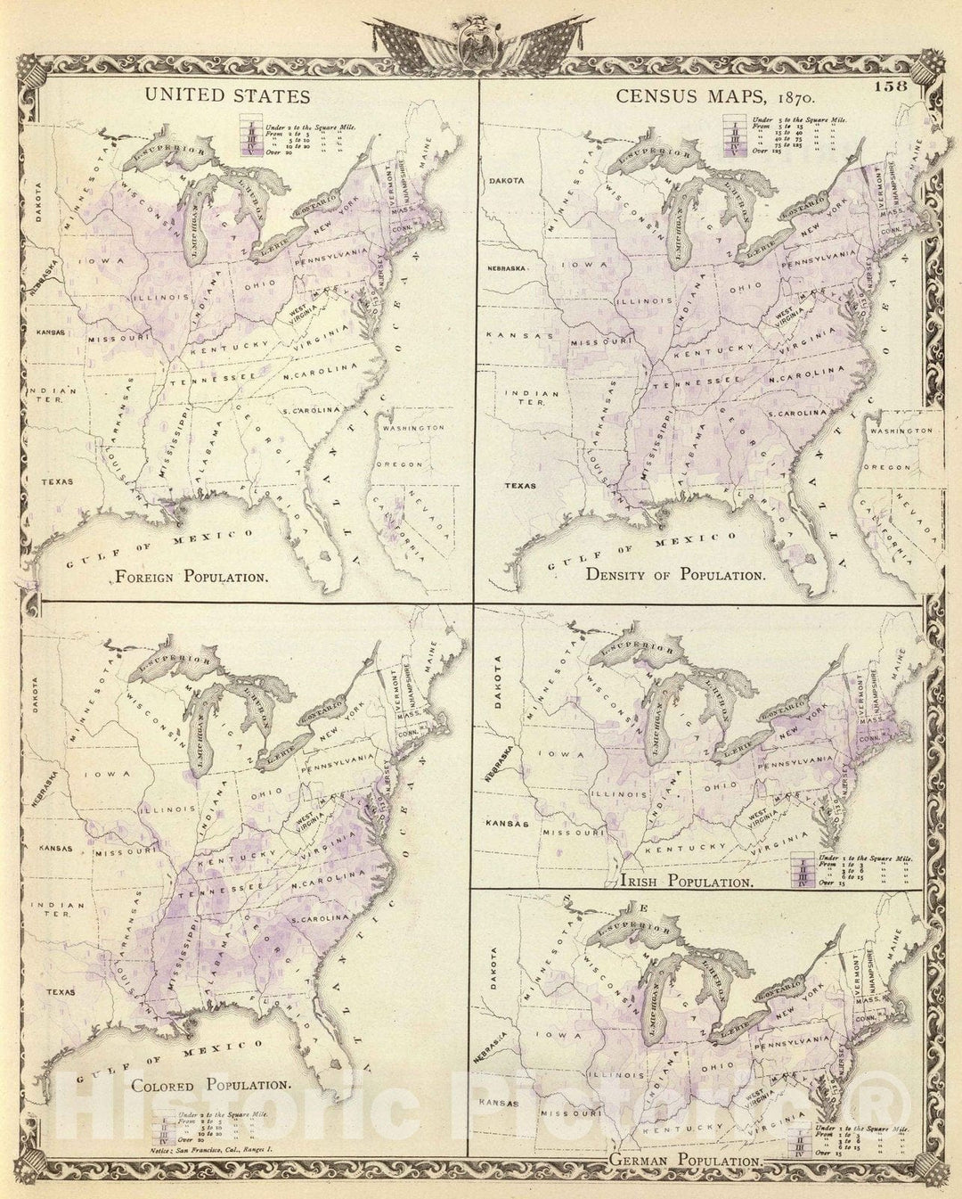 Historic Map : United States census maps, 1870: foreign, density, colored, Irish and German. - Vintage Wall Art