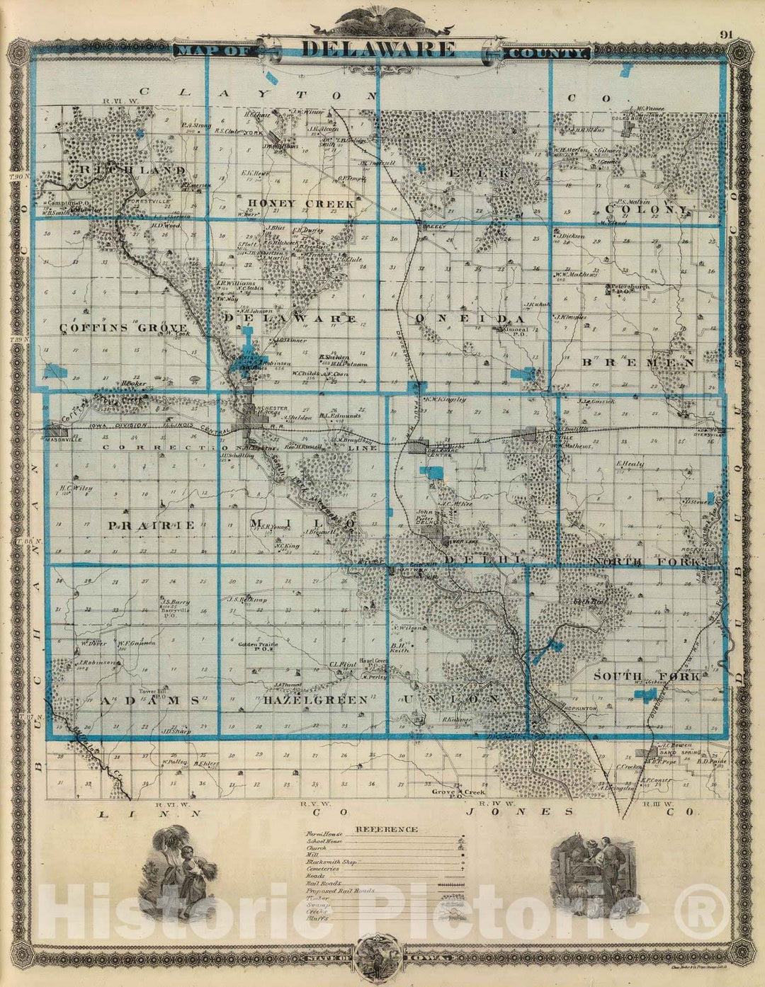 Historic Map : 1875 Map of Delaware County, State of Iowa. - Vintage Wall Art