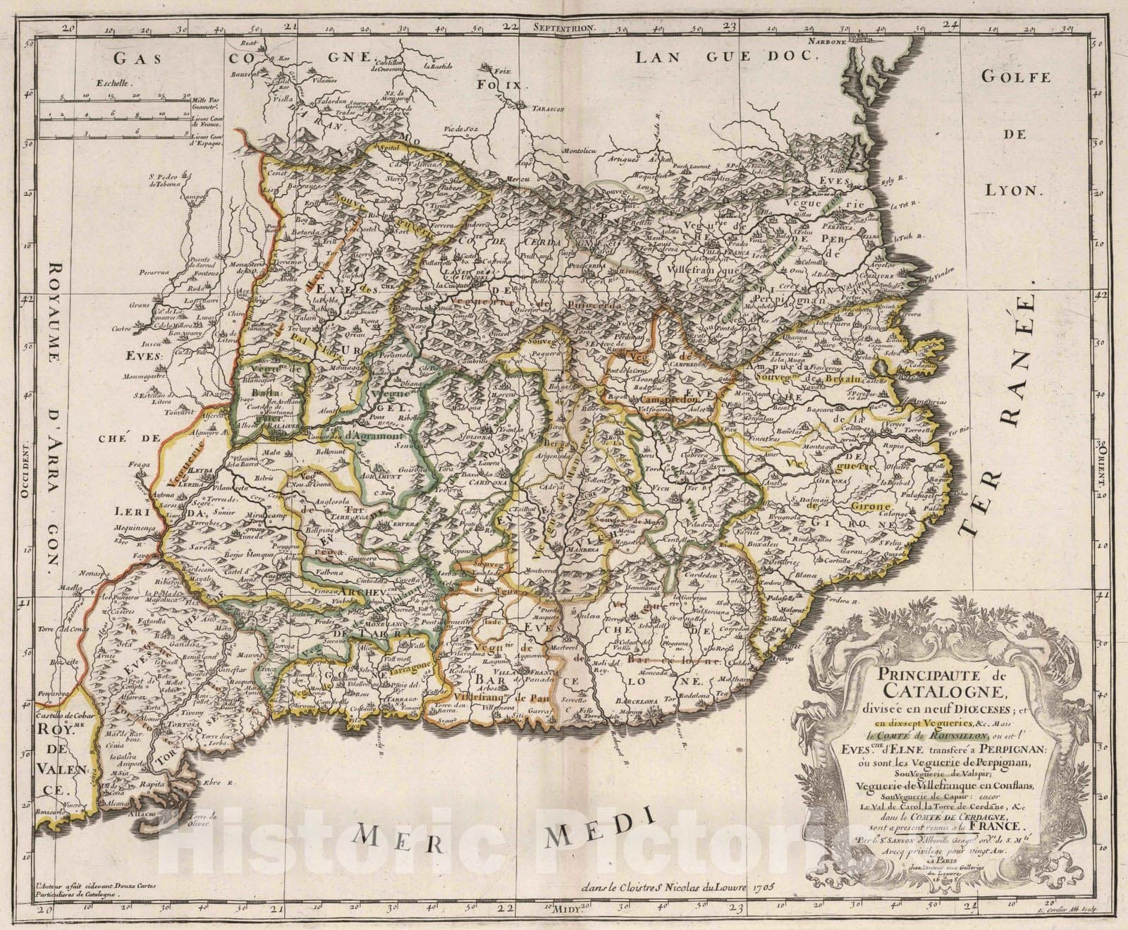 Historic Map : 1705 Principality of Catalonia, Spain. - Vintage Wall Art