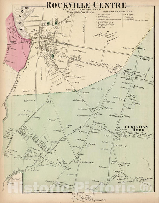 Historic Map : 1873 Rockville Centre, Hempstead Town, Queens, County. Long Island. - Vintage Wall Art