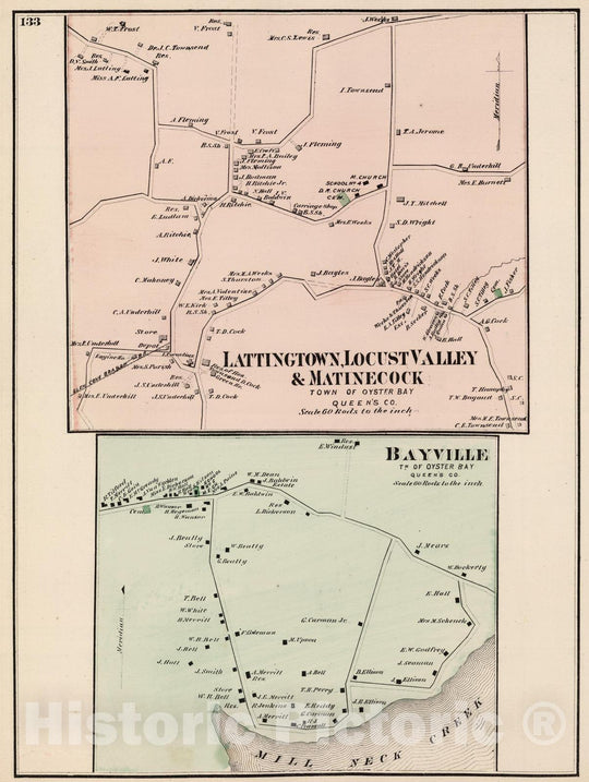 Historic Map : 1873 Lattingtown, Locust Valle, Matinecock, Bayville, in Oyster Bay. Long Island. - Vintage Wall Art