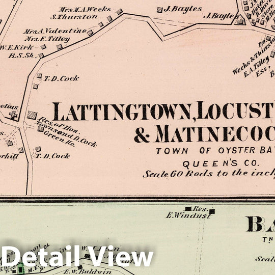 Historic Map : 1873 Lattingtown, Locust Valle, Matinecock, Bayville, in Oyster Bay. Long Island. - Vintage Wall Art