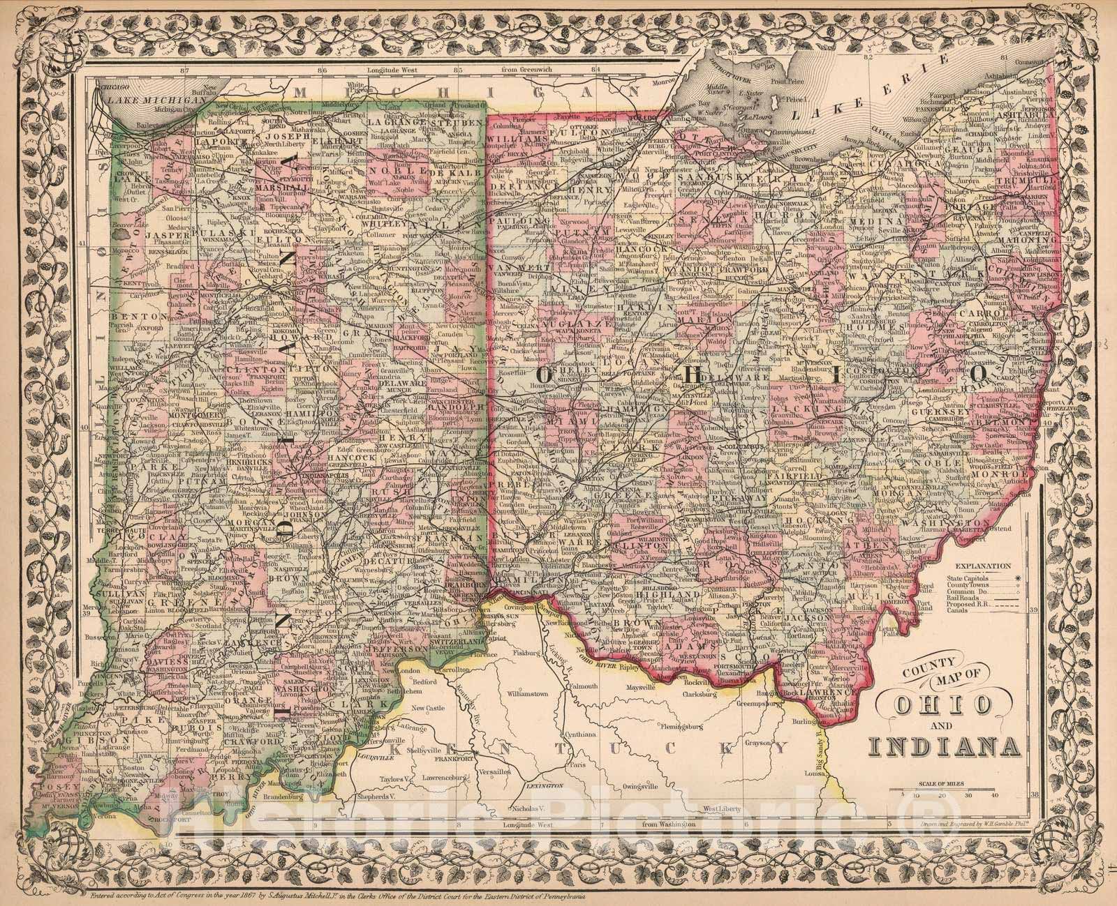 Historic Map : 1868 County map of Ohio and Indiana - Vintage Wall Art