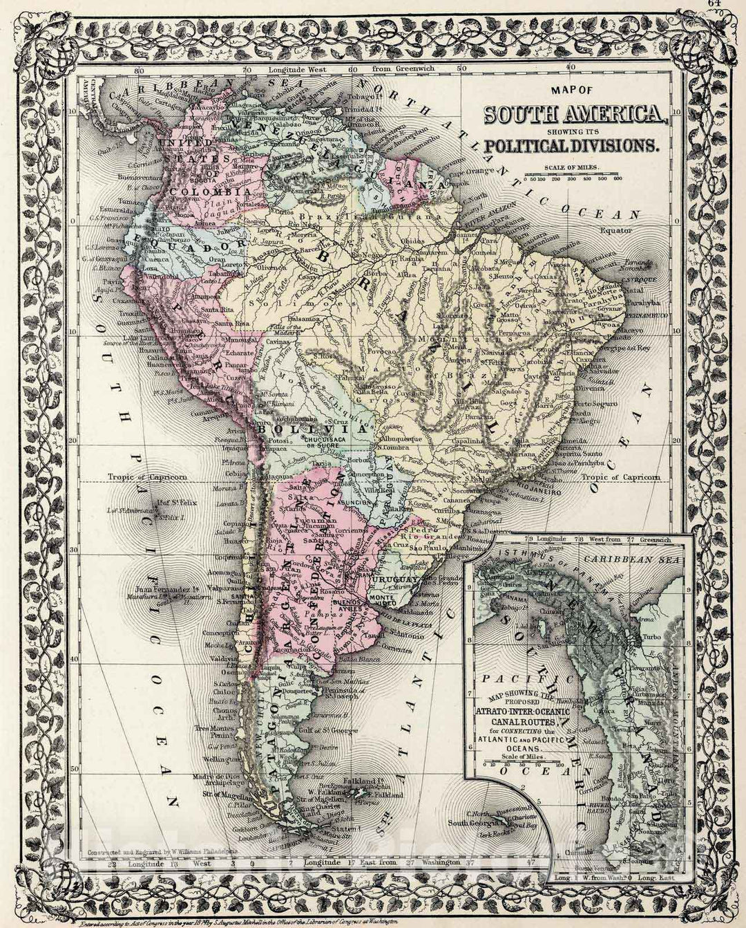 Historic Wall Map : 1874 Map of South America, showing its political divisions - Vintage Wall Art