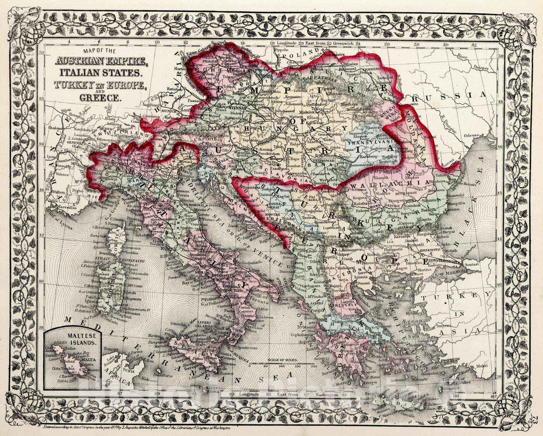 Historic Map : 1874 Map Of The Austrian Empire, Italian States. Turkey In Europe, and Greece - Vintage Wall Art