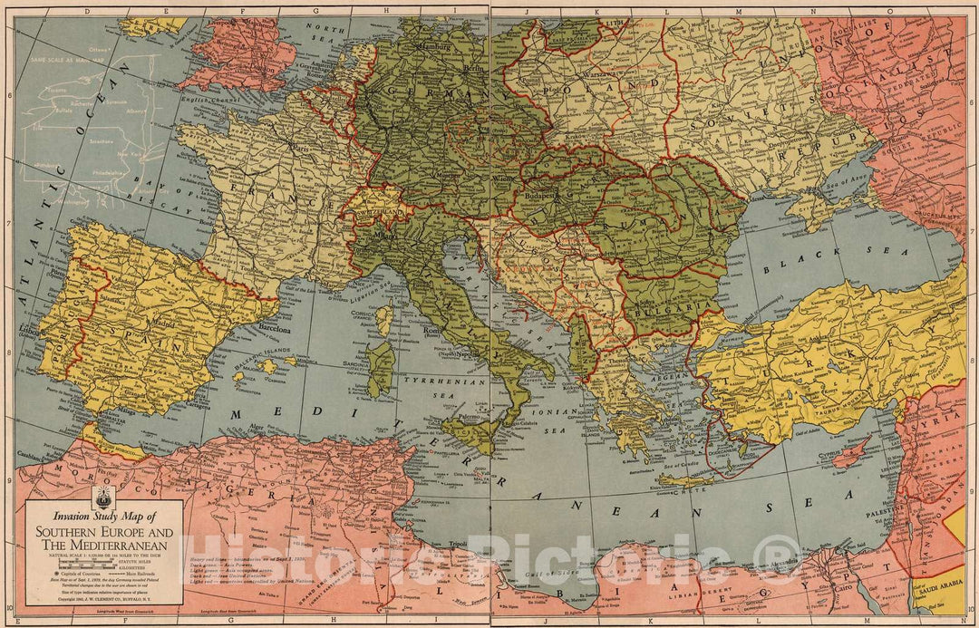 Historic Map : 1943 Invasion Study map of Southern Europe and Mediterranean - Vintage Wall Art