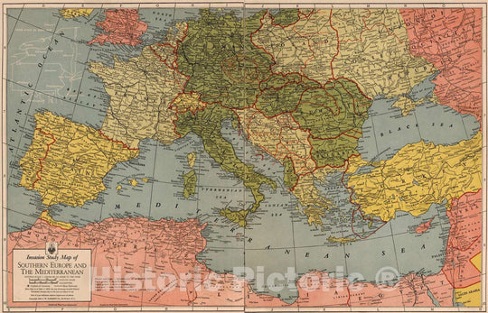 Historic Map : 1943 Invasion Study map of Southern Europe and Mediterranean - Vintage Wall Art