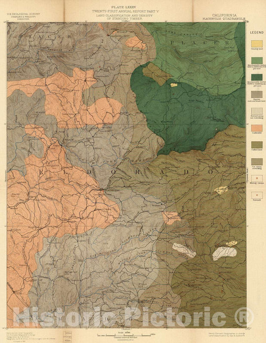 Historic Map : Geologic Atlas - 1887 Plate LXXXV. Placerville Quadrangle, Land Classification and Density of Standing Timber. - Vintage Wall Art