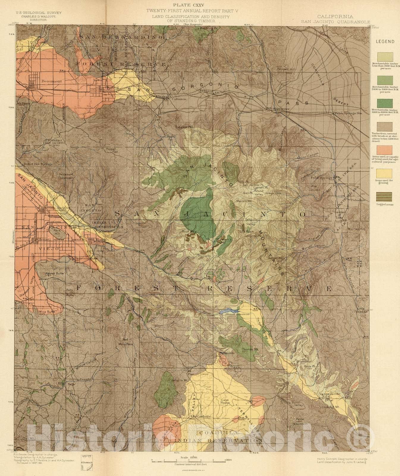 Historic Map : Geologic Atlas - 1900 Plate CXXV. San Jacinto, California. Land Classification and Density of Standing Timber. - Vintage Wall Art