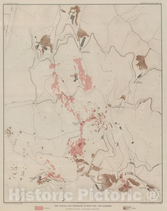 Historic Map : Geologic Atlas - 1887 Ore-Bodies and Topography of Mine-Hill, New Almaden. - Vintage Wall Art