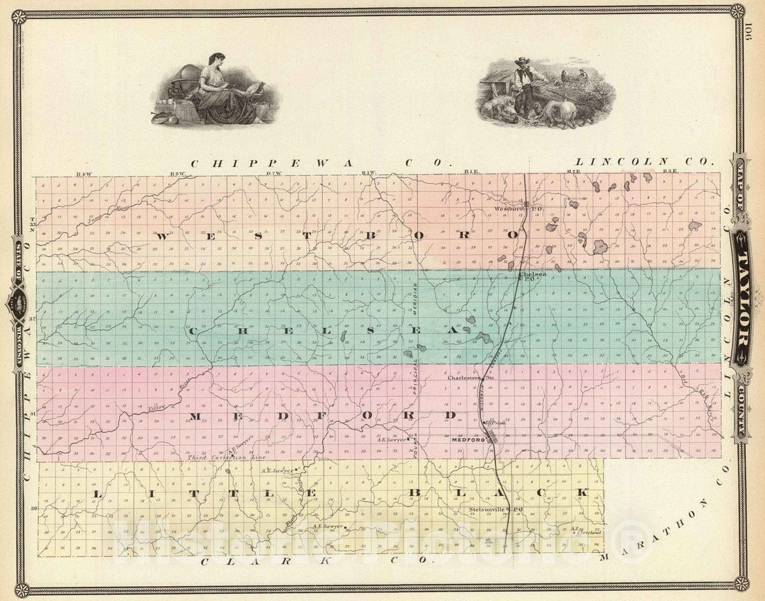 Historic Map : 1878 Map of Taylor County, State of Wisconsin. - Vintage Wall Art