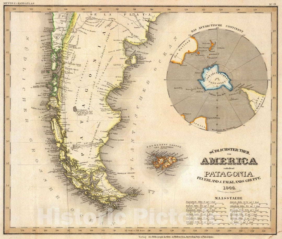 Historic Map : Argentina; Chile, Falkland Islands, Antarctica 1844 Patagonia, Feuerland, Falklands, Antarctische Continent. , Vintage Wall Art