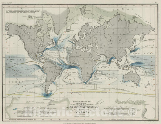 Physical Atlas - 1850 Hydrographical Map of the World Showing the Currents, Temperature, etc. of the Ocean. - Vintage Wall Art