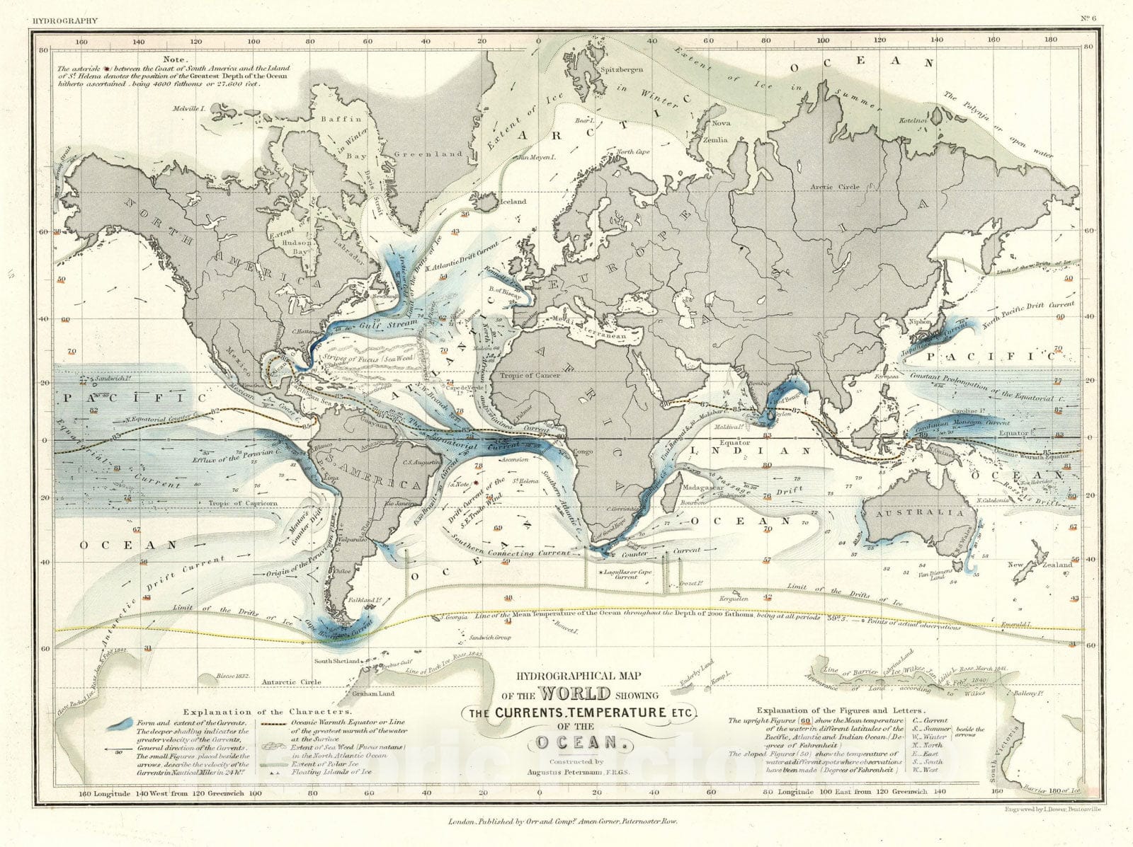 Physical Atlas - 1850 Hydrographical Map of the World Showing the Currents, Temperature, etc. of the Ocean. - Vintage Wall Art