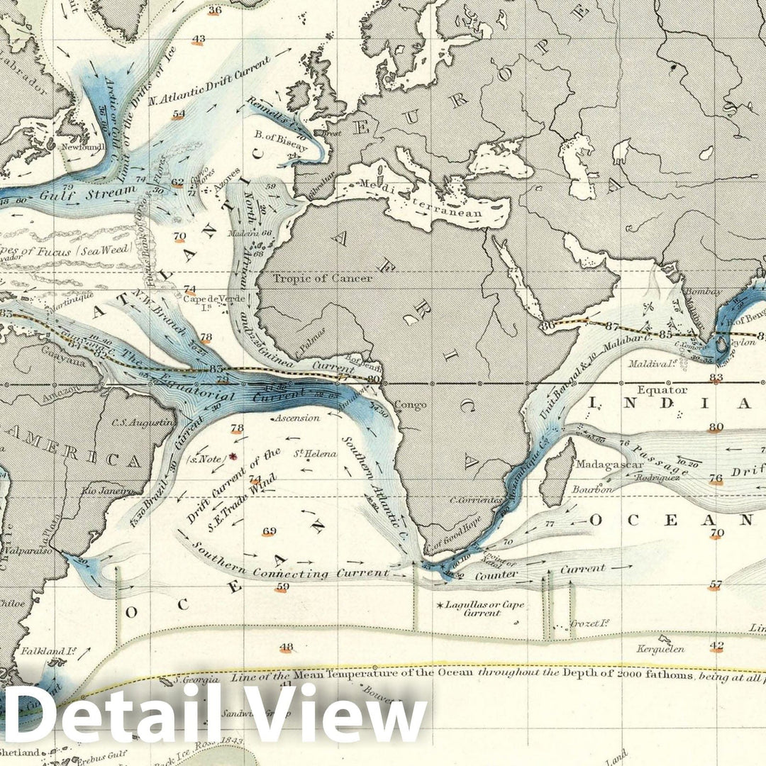 Physical Atlas - 1850 Hydrographical Map of the World Showing the Currents, Temperature, etc. of the Ocean. - Vintage Wall Art