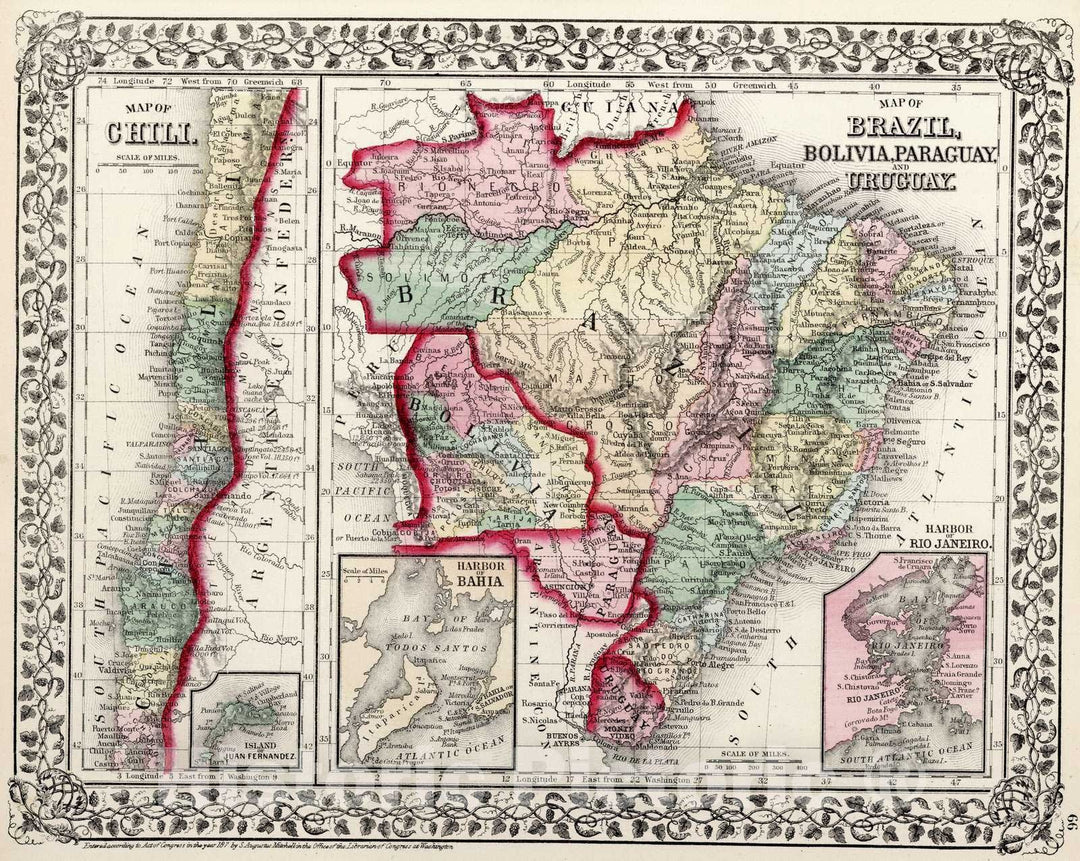 Historic Map : 1874 Map of Brazil, Bolivia, Paraguay, and Uruguay. Chili - Vintage Wall Art