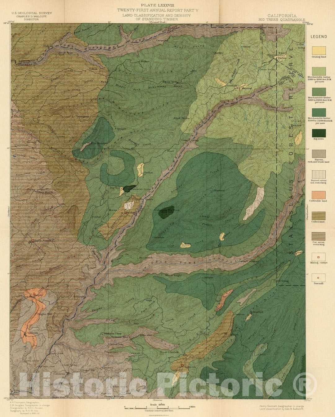 Historic Map : Geologic Atlas - 1891 Plate LXXXVIII. Big Trees Quadrangle, California. Land Classification and Density of Standing Timber. - Vintage Wall Art