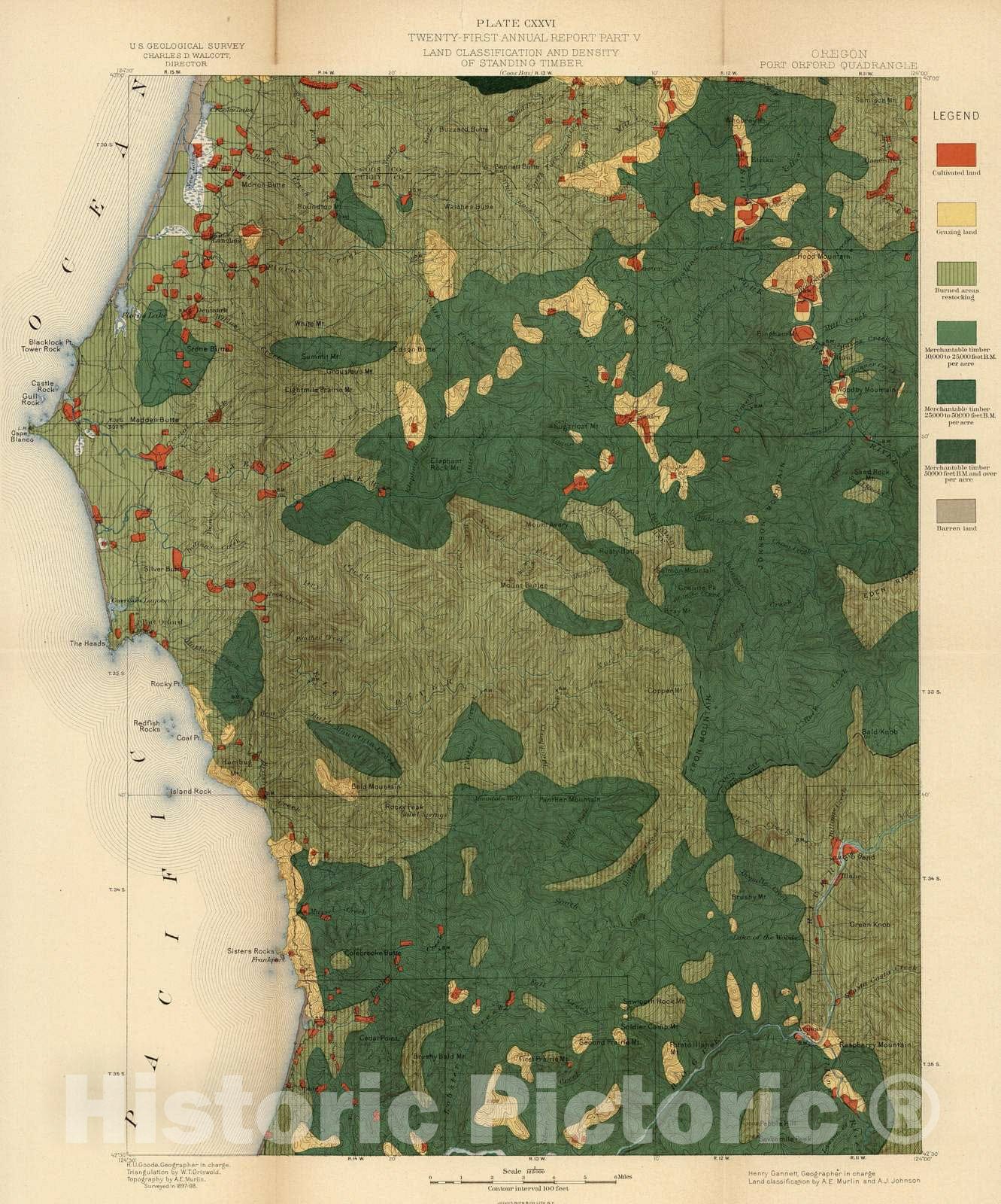 Historic Map : Geologic Atlas - 1900 Plate CXXVI. Port Orford California, Oregon, Land Classification and Density of Standing Timber. - Vintage Wall Art