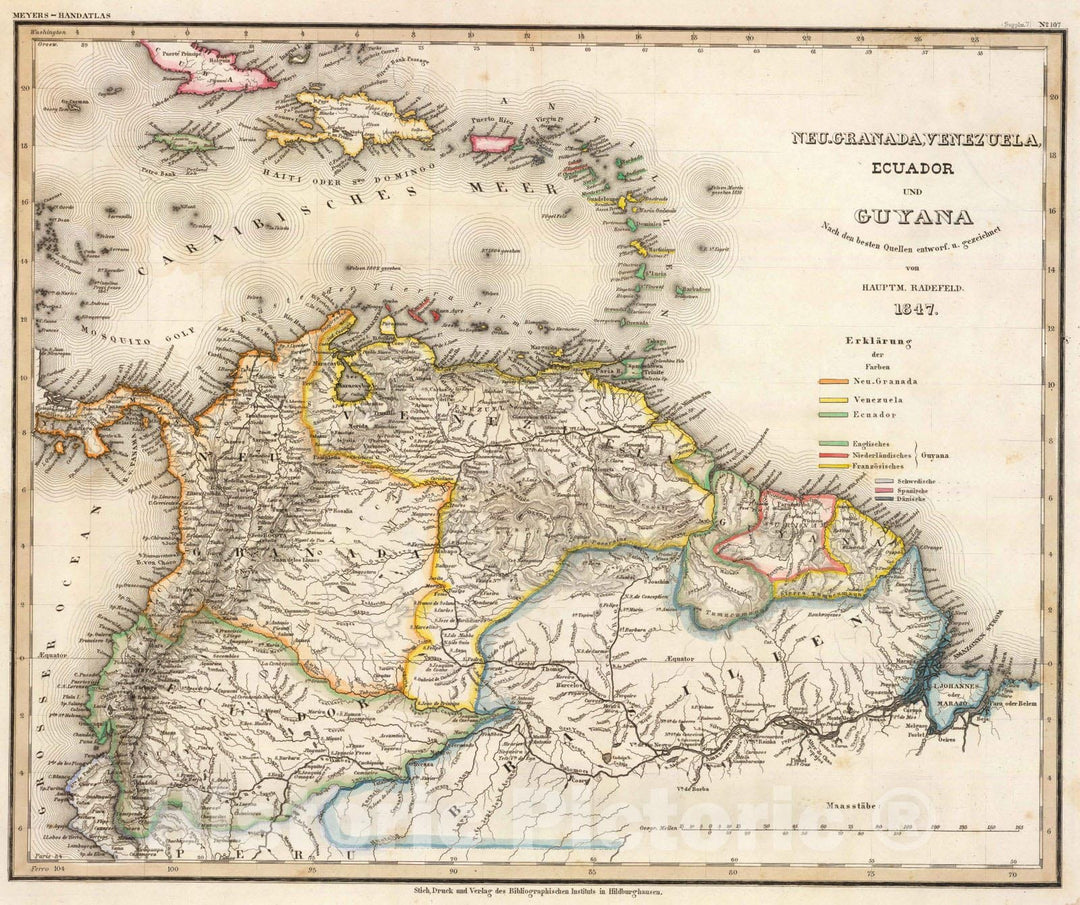 Historic Map : Colombia; Venezuela, , South America 1847 Neu-Granada, Venezuela, Ecuador, Guyana. , Vintage Wall Art