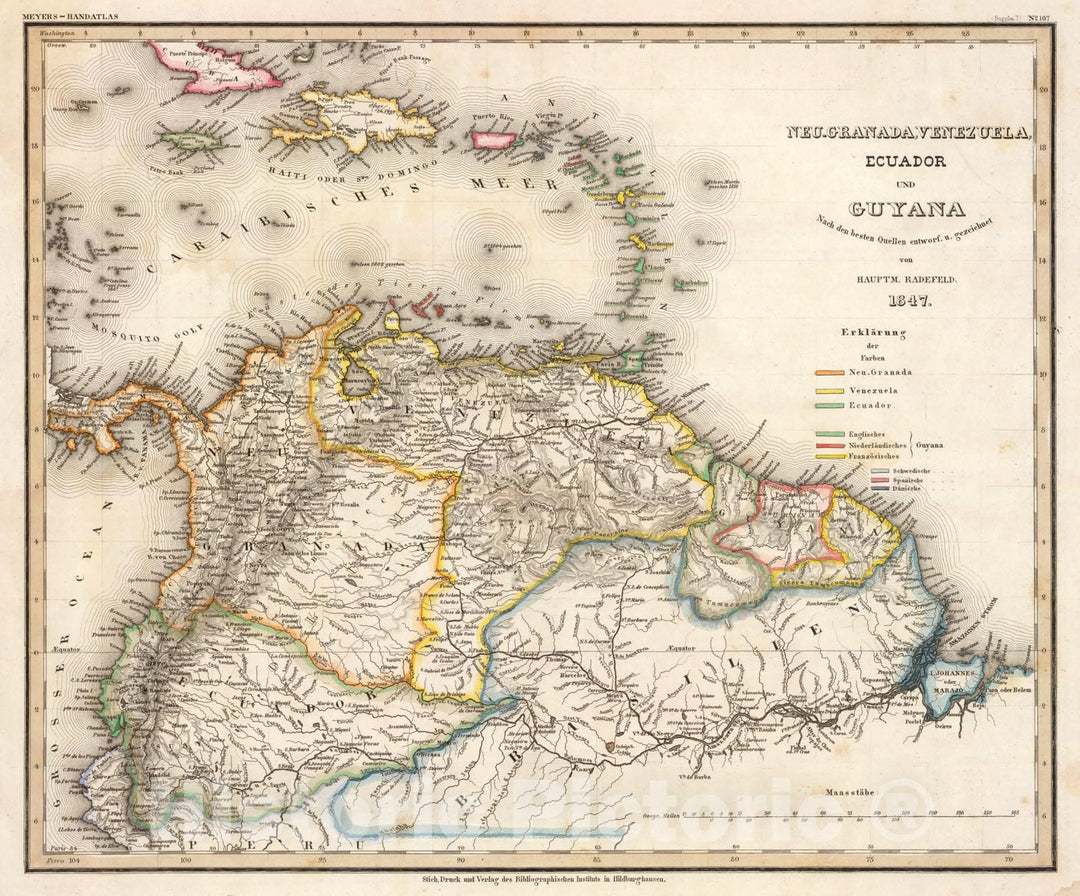 Historic Map : Colombia; Venezuela, , South America 1847 Neu-Granada, Venezuela, Ecuador, Guyana. , Vintage Wall Art