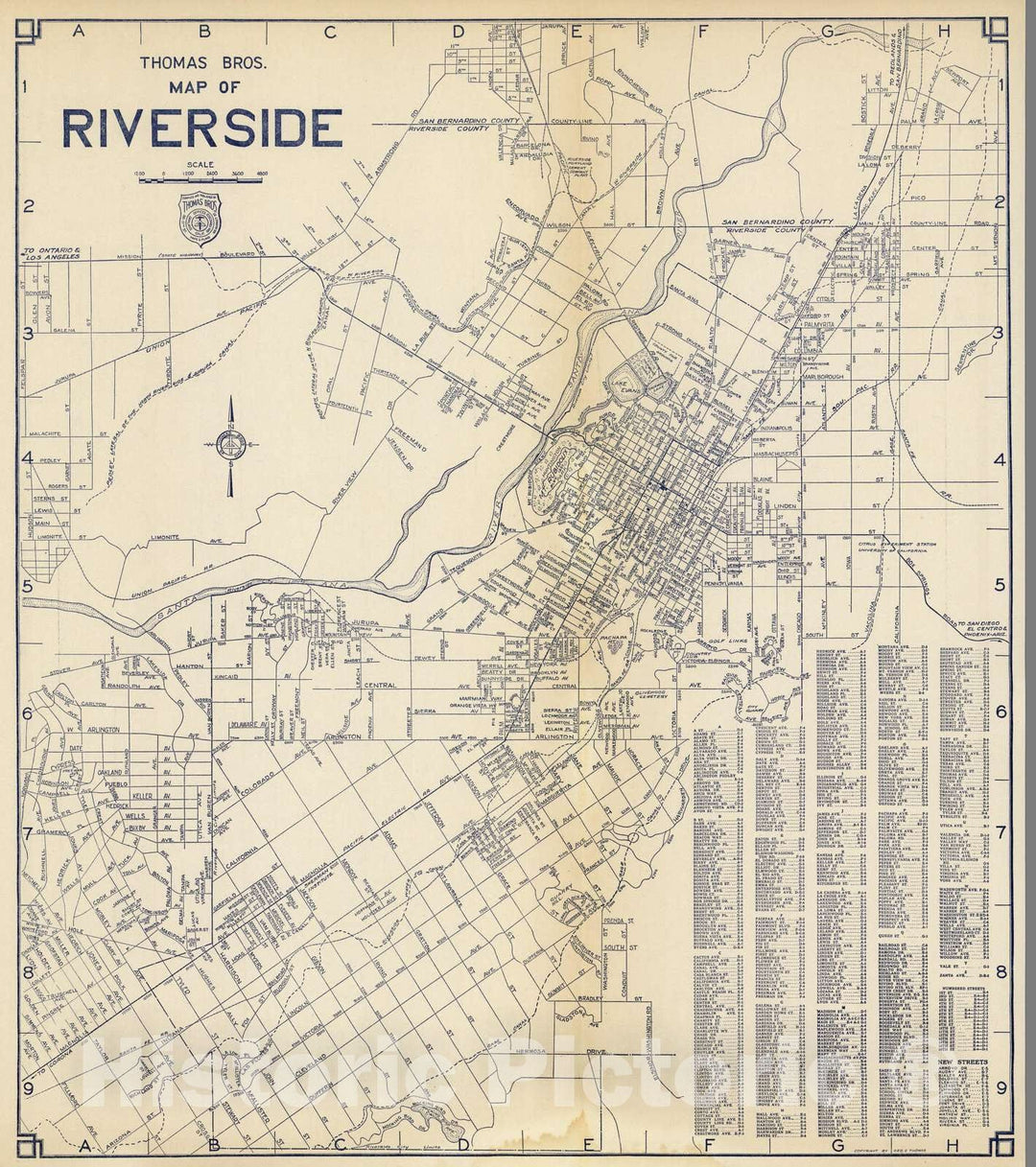 Historic Map : 1938 Thomas Bros. Map of Riverside, California. - Vintage Wall Art