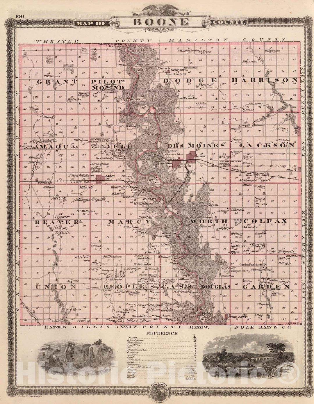 Historic Map : 1875 Map of Boone County, State of Iowa. - Vintage Wall Art