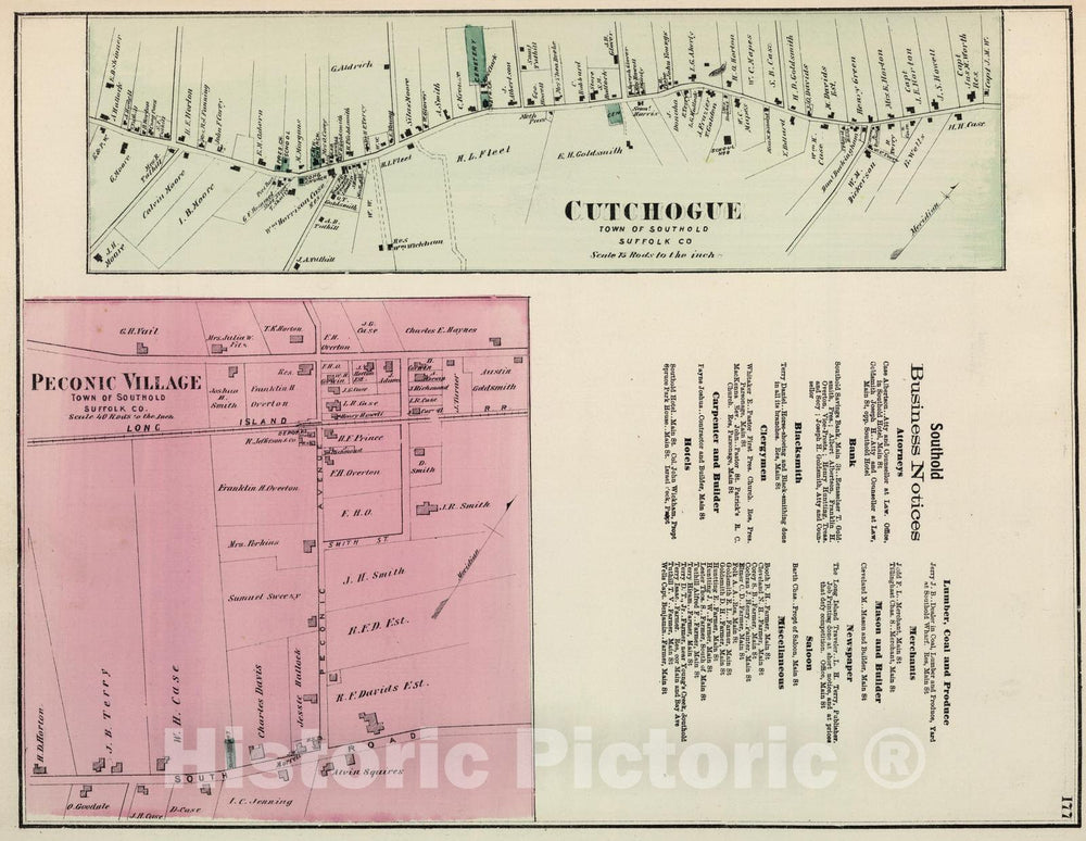 Historic Map - 1873 Cutchogue, Peconic in Southold. Southold Business Notices. Long Island. - Vintage Wall Art