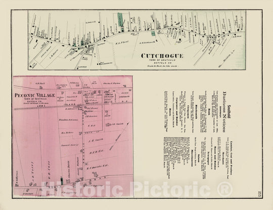 Historic Map - 1873 Cutchogue, Peconic in Southold. Southold Business Notices. Long Island. - Vintage Wall Art