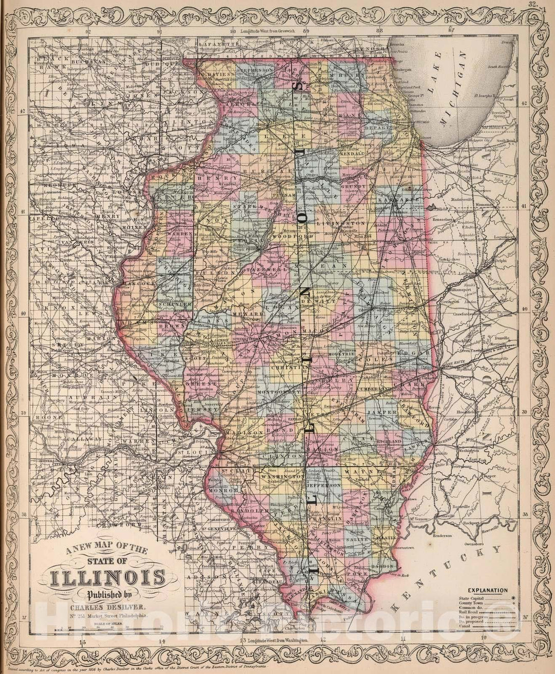 Historic Map : 1857 A New Map of the State of Illinois : Vintage Wall Art