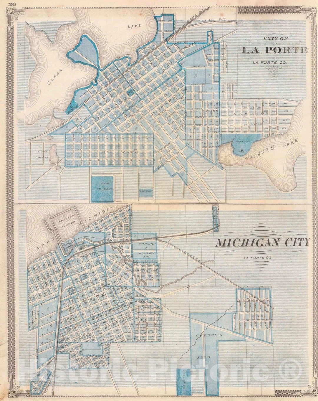 Historic Map : La Porte (Ind.), Indiana, 1876 City of La Porte, Michigan City, La Porte Co. , Vintage Wall Art