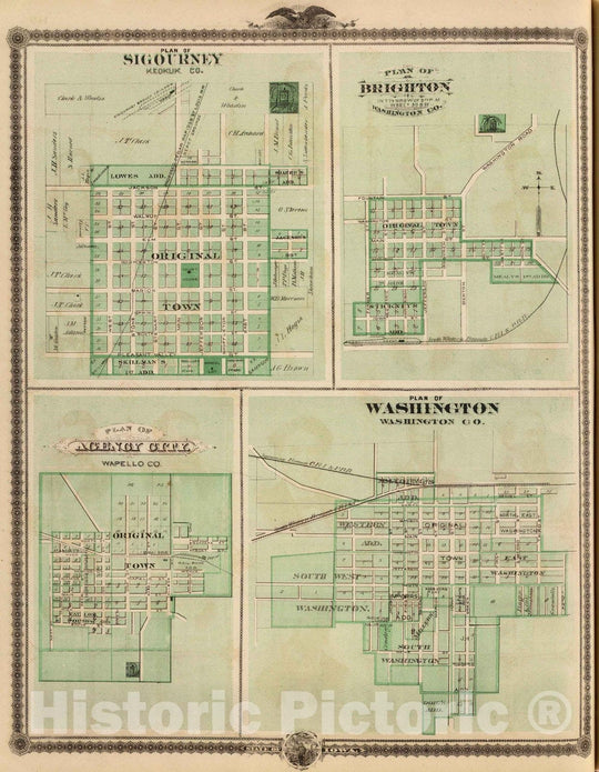 Historic Map : 1875 Plans of Sigourney, Brighton, Agency City and Washington, State of Iowa. - Vintage Wall Art