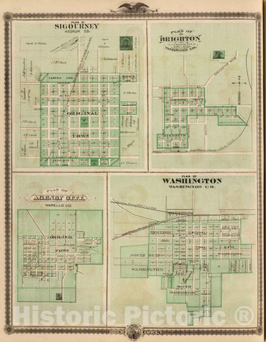 Historic Map : 1875 Plans of Sigourney, Brighton, Agency City and Washington, State of Iowa. - Vintage Wall Art