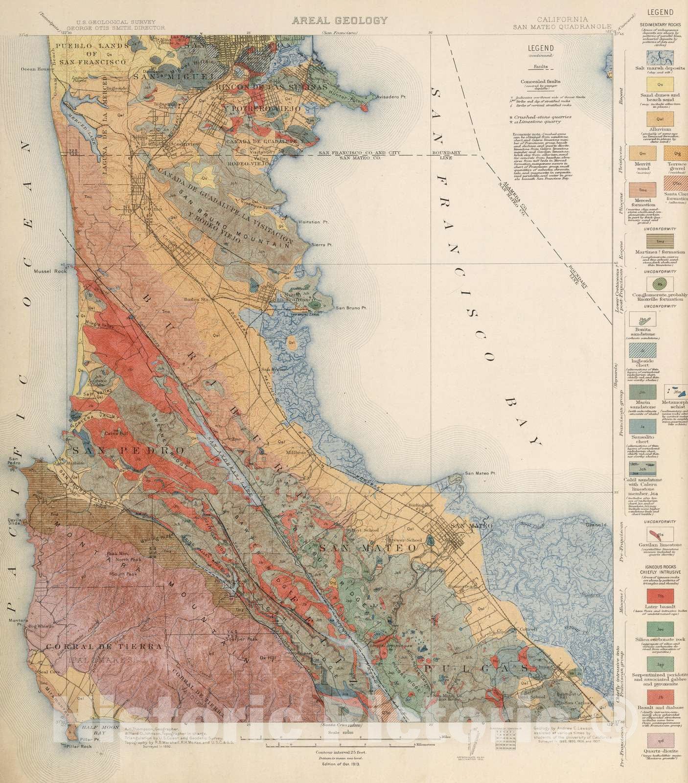 Historic Map : Geologic Atlas - 1913 San Mateo Quadrangle. Areal Geology. - Vintage Wall Art