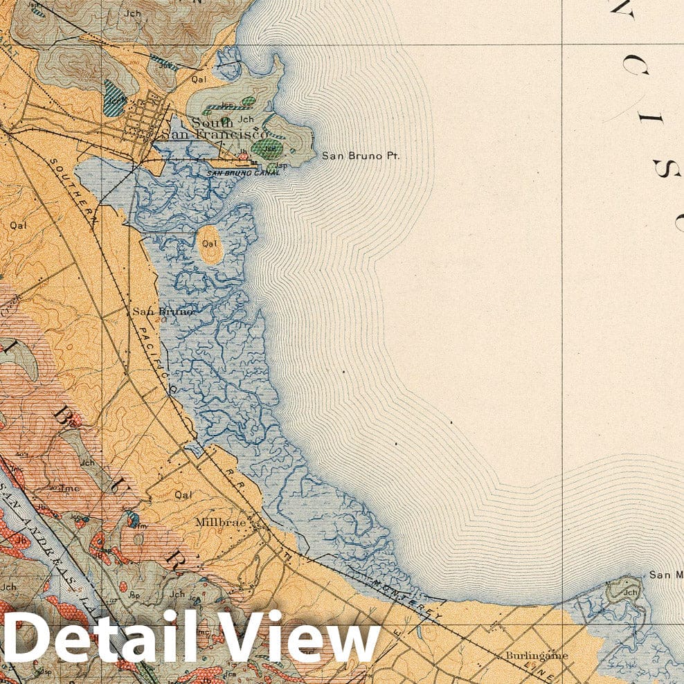 Historic Map : Geologic Atlas - 1913 San Mateo Quadrangle. Areal Geology. - Vintage Wall Art