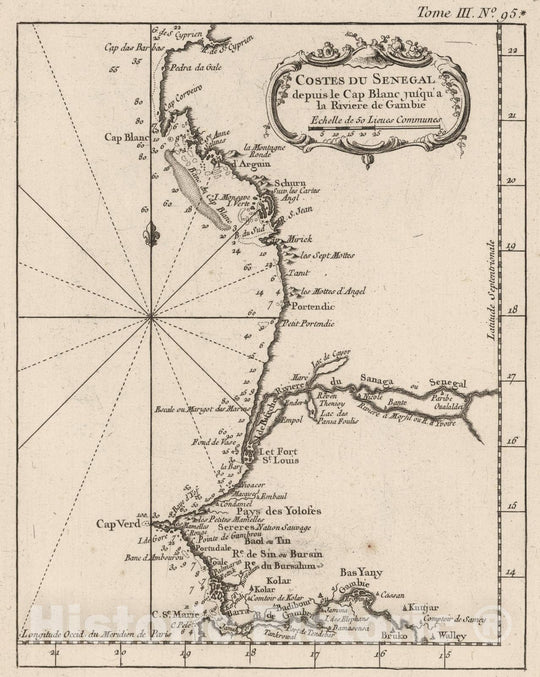 Historic Map : Senegal, West Africa 1764 Cours de la Riviere de Sanaga ou Senegal Depuis son Embouch.re Jusqu'a I'Isle de Bilbas , Vintage Wall Art