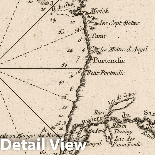 Historic Map : Senegal, West Africa 1764 Cours de la Riviere de Sanaga ou Senegal Depuis son Embouch.re Jusqu'a I'Isle de Bilbas , Vintage Wall Art