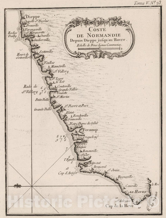 Historic Map : France, Normandie , France 1764 Coste de Normandie depuis Dieppe jusqu'au Havre. , Vintage Wall Art