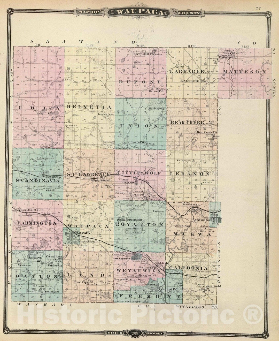 Historic Map : 1878 Map of Waupaca County, State of Wisconsin. - Vintage Wall Art