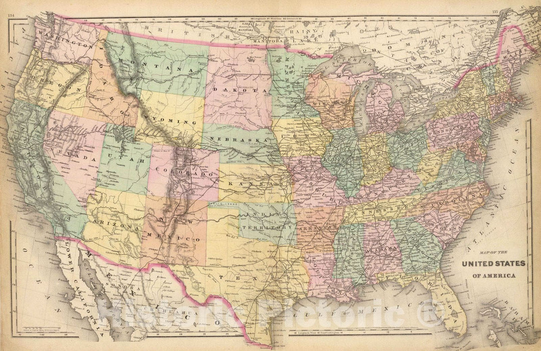 Historic Map : 1873 Map of the United States of America. - Vintage Wall Art