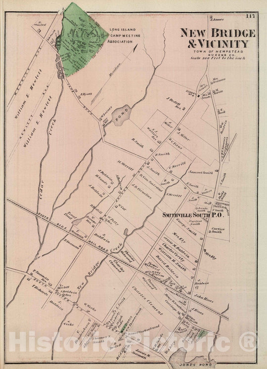 Historic Map : 1873 New Bridge and Vicinity, in Hampstead. Long Island. - Vintage Wall Art