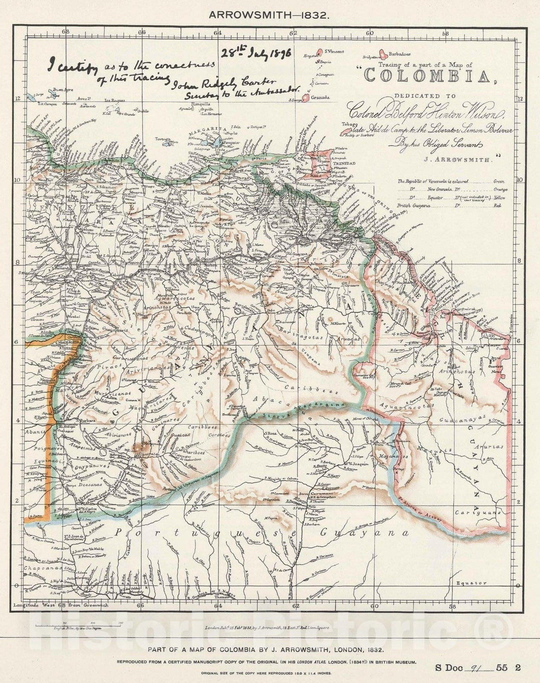 Historic Map : National Atlas - 1832 Part of Venezuela, Guiana by Arrowsmith. - Vintage Wall Art