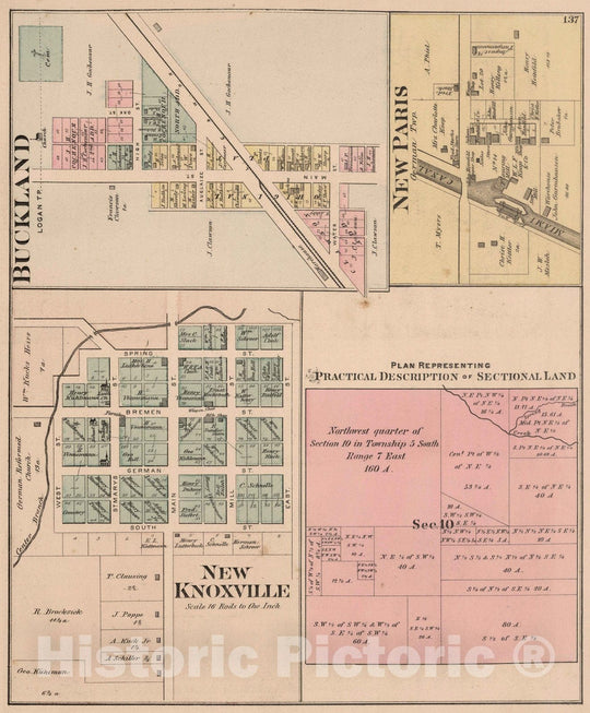 Historic Map : 1880 New Knoxville. Plan of Sectional Land. Buckland. New Paris, Auglaize County, Ohio. - Vintage Wall Art