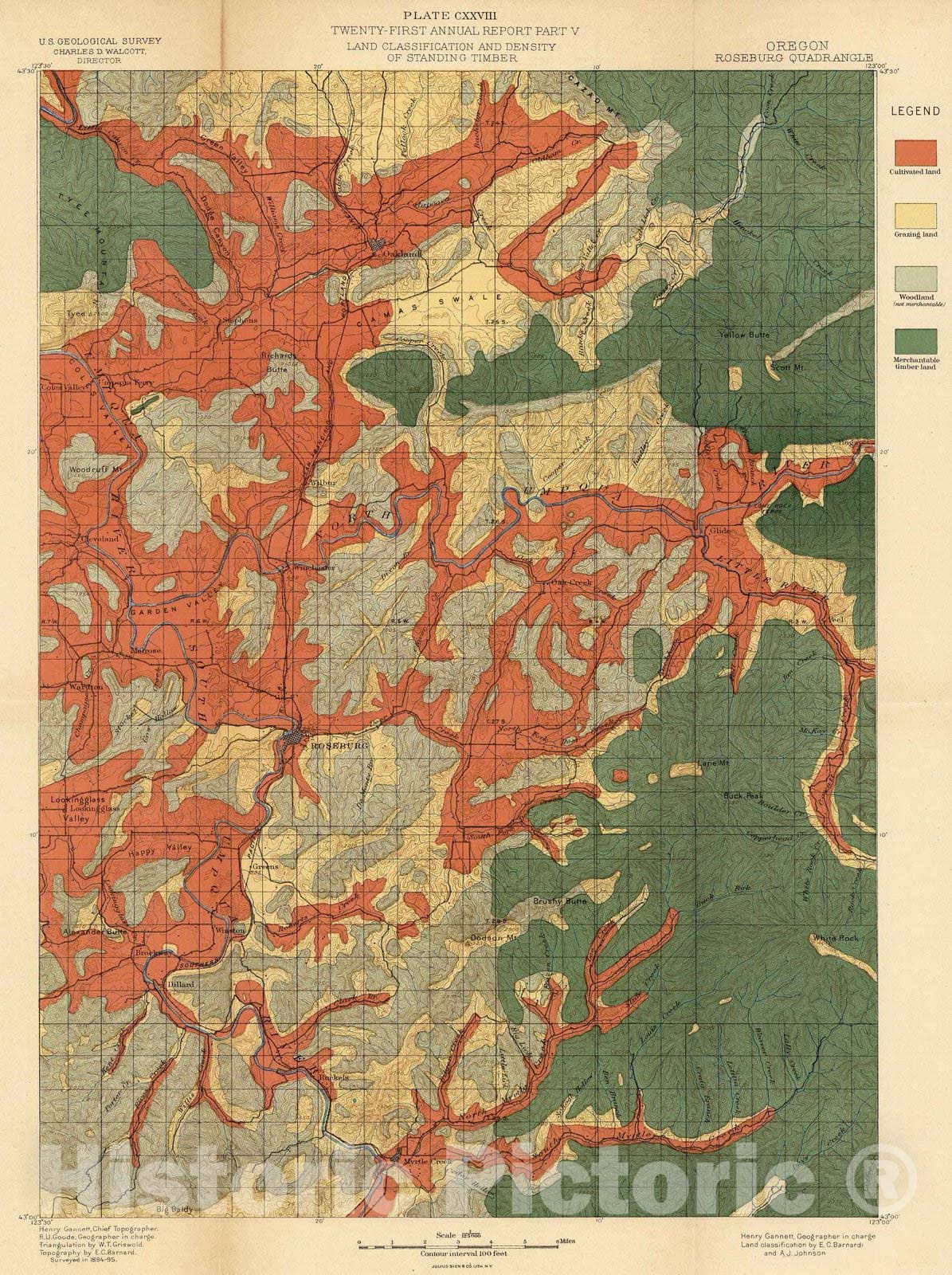 Historic Map : Geologic Atlas - 1900 Plate CXXVIII. Roseburg Quadrangle, Oregon, Land Classification and Density of Standing Timber. - Vintage Wall Art