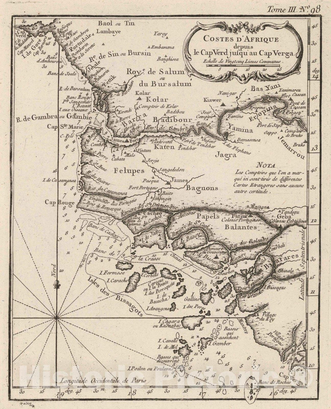 Historic Map : Cape Verde Islands, Africa 1764 Costes d'Afrique depuia le Cap Verd jusquau Cap Verga , Vintage Wall Art