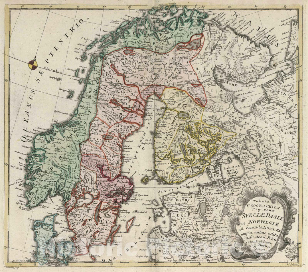 Historic Map : Sweden, Scandinavia 1753 Tabula Geographica Regnorum Sueciae Daniae et Norwegiae , Vintage Wall Art