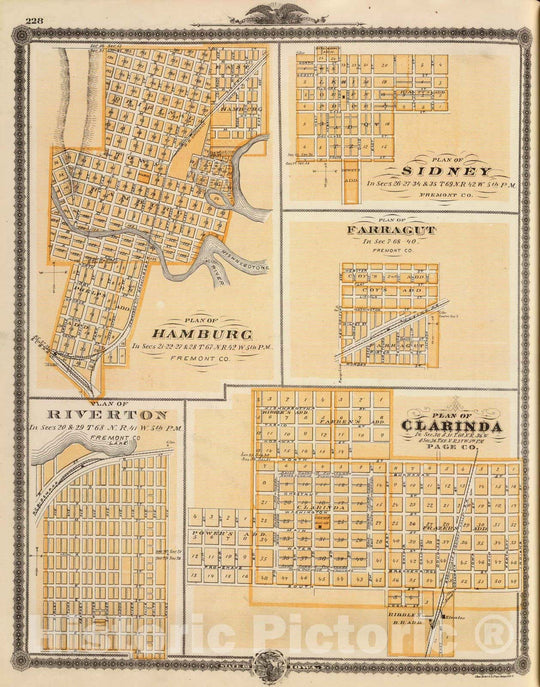 Historic Map : 1875 Plans of Hamburg, Sidney, Farragut, Riverton and Clarinda, Iowa. - Vintage Wall Art