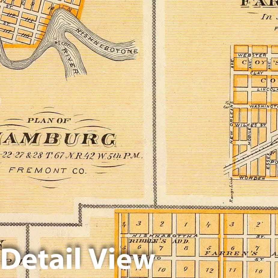 Historic Map : 1875 Plans of Hamburg, Sidney, Farragut, Riverton and Clarinda, Iowa. - Vintage Wall Art