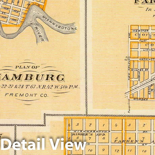 Historic Map : 1875 Plans of Hamburg, Sidney, Farragut, Riverton and Clarinda, Iowa. - Vintage Wall Art