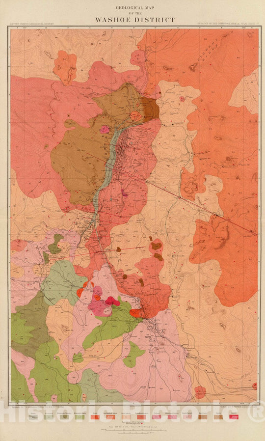 Historic Map : Geologic Atlas - 1882 Geological Map of the Washoe District. - Vintage Wall Art