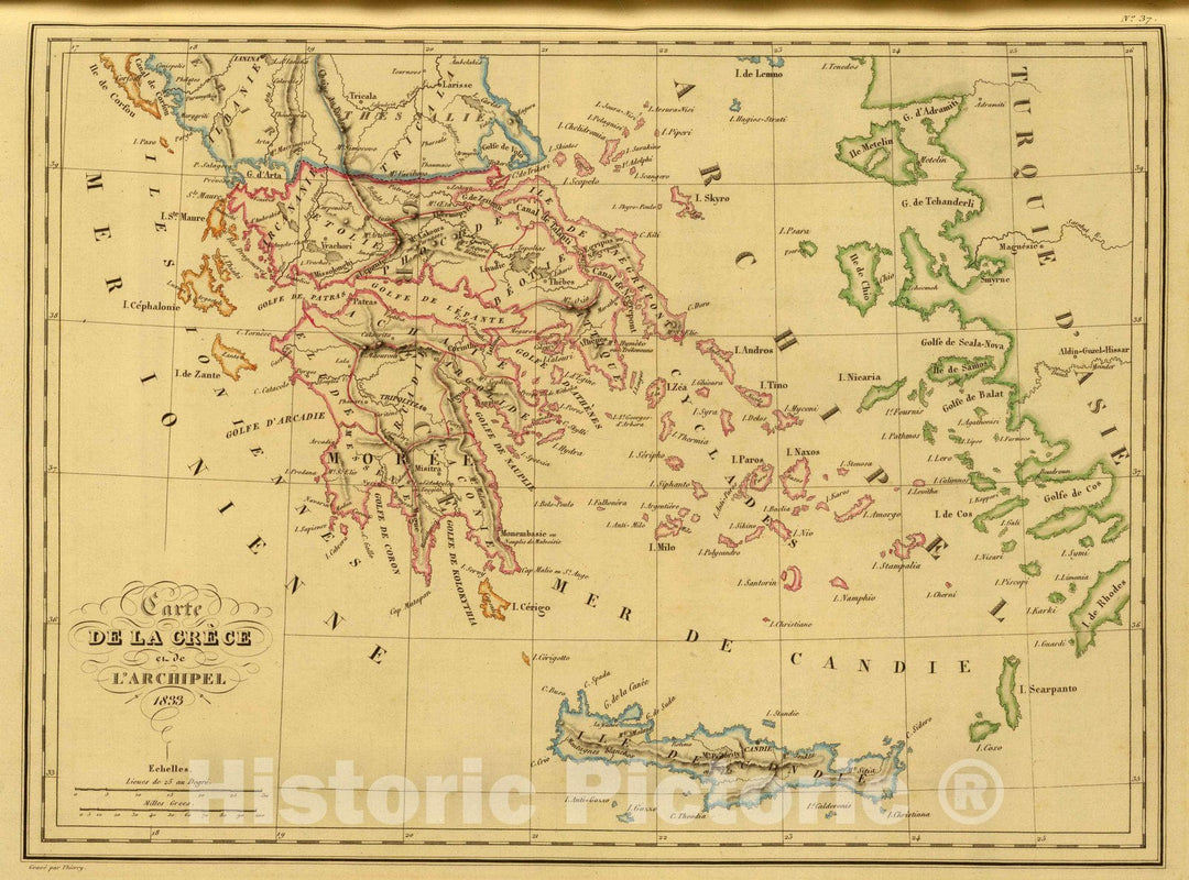 Historic Map : Greece, 1837 Grece et de l'Archipel. , Vintage Wall Art